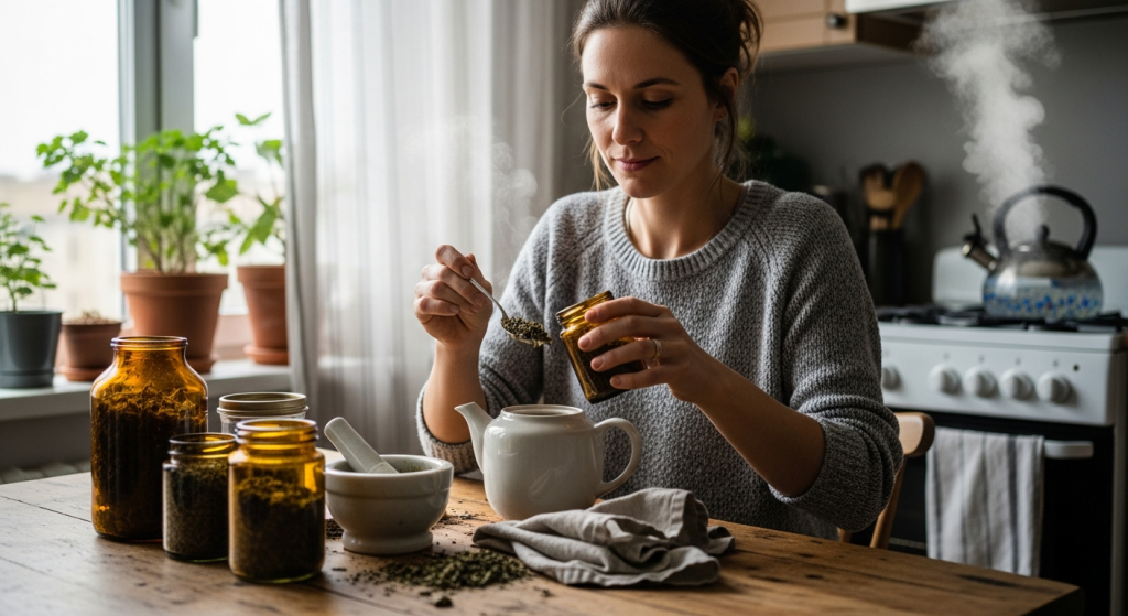 Nő készít gyógynövényes teát endometriózis miatti öngondoskodásként