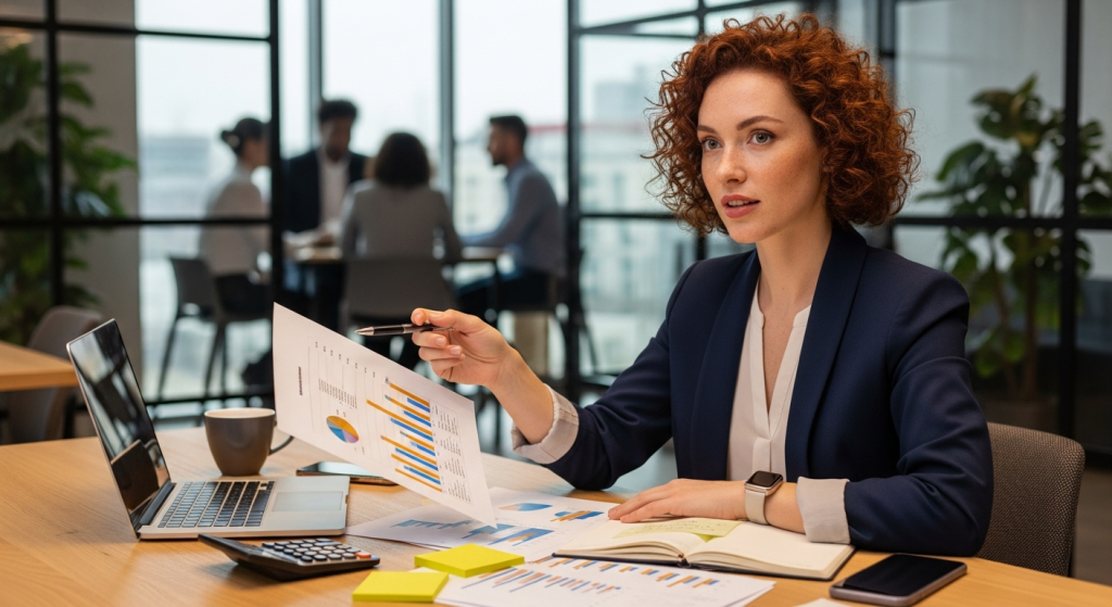Női pénzügyi szakember asztalnál, pénzügyi állások dokumentumokat áttekintve