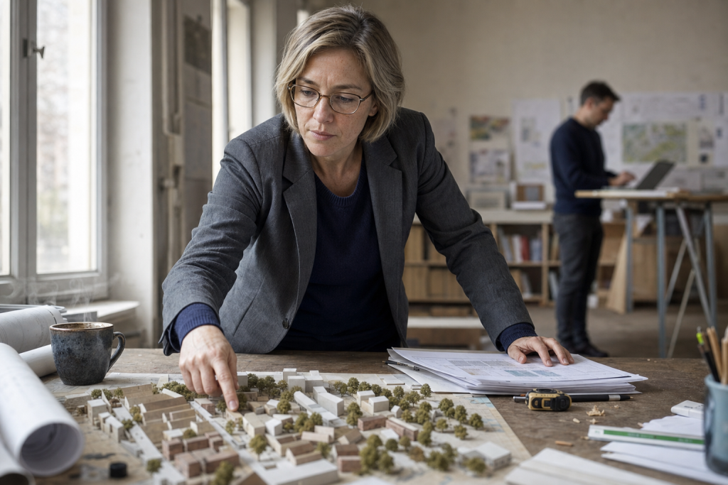 Városfejlesztési eszköztár: tervezőnő makettel és dokumentumokkal